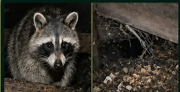 捕獲されたアライグマと屋根裏の被害状況